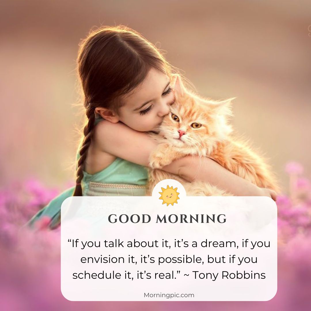 cute baby and cat good morning images with positive words