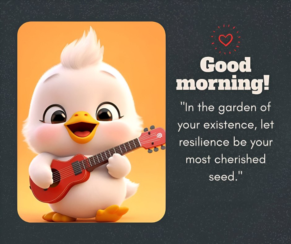 Good Morning Cartoon Image of an adorable baby duck holding a red ukulele and singing joyfully, with the inspirational message 'In the garden of your existence, let resilience be your most cherished seed.'