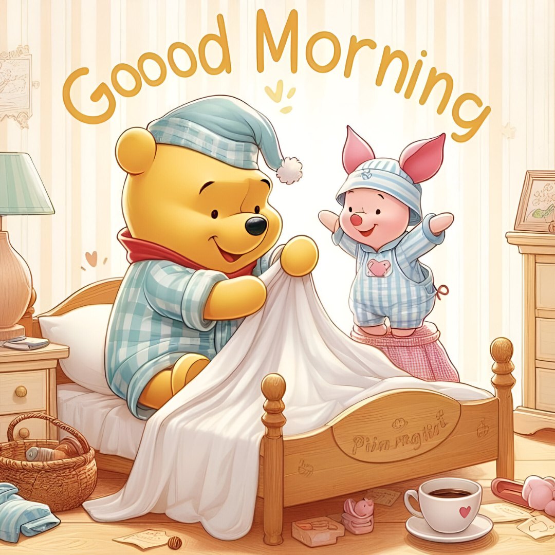 Good Morning Cartoon Image featuring a cheerful bear in pajamas and a joyful piglet in a playful morning scene, sharing a moment of happiness as they make the bed together in a cozy, warmly lit bedroom.