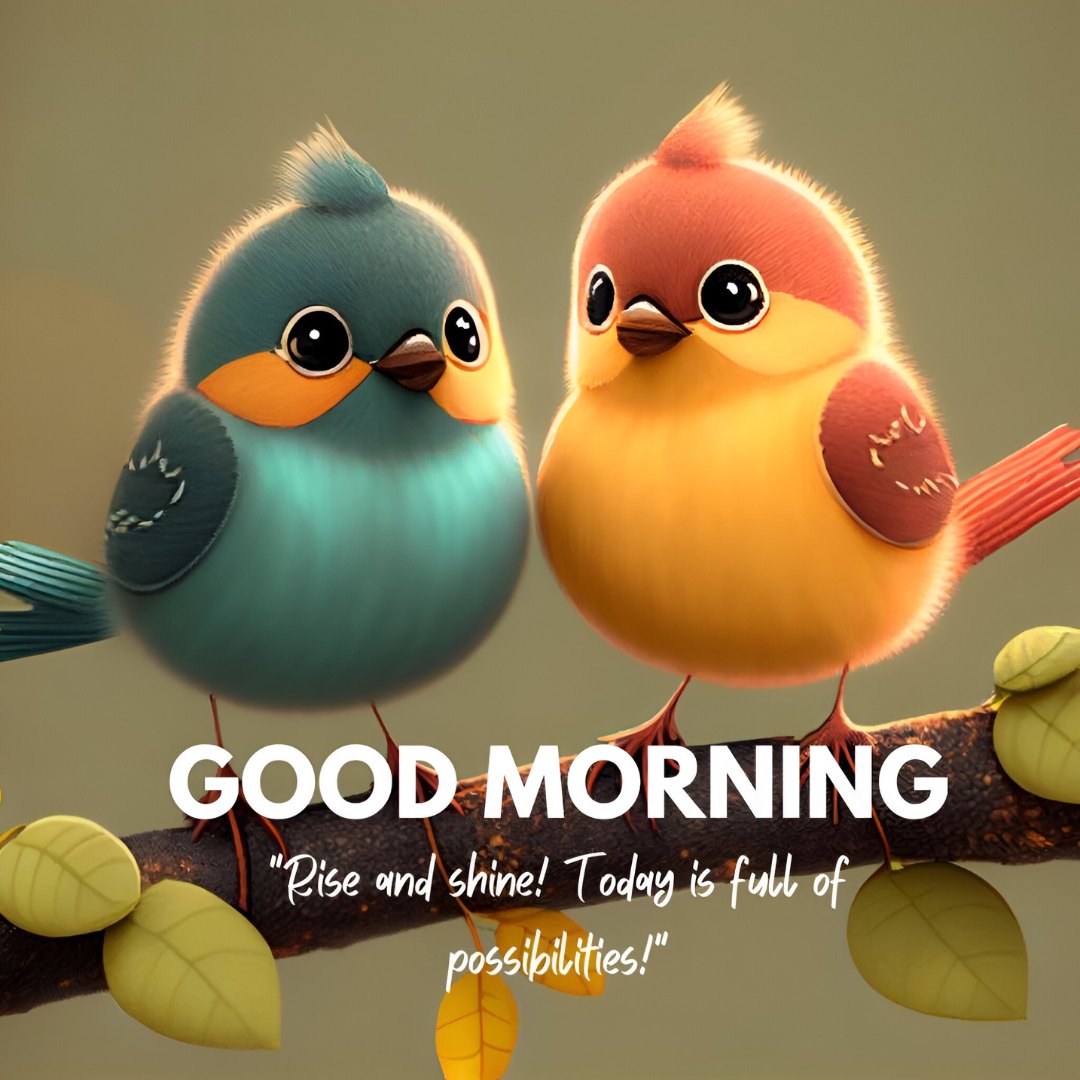 Good Morning Cartoon Image of two adorable birds perched on a branch, a blue and an orange bird, looking at each other with a background of soft golden hues. The message 'Rise and shine! Today is full of possibilities!' complements the cheerful scene.