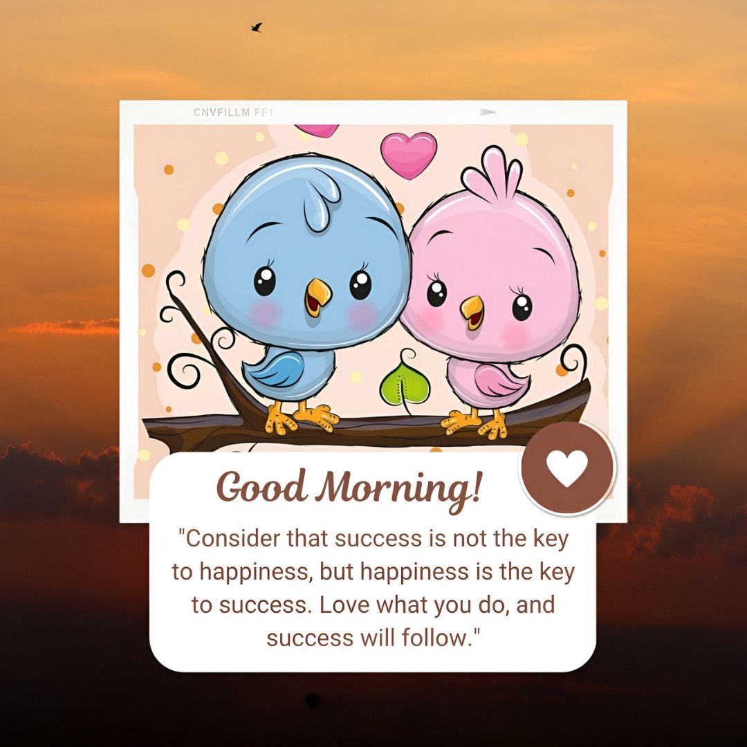 Good Morning Cartoon Image featuring two adorable birds, one blue and one pink, perched on a branch with a scenic sunrise backdrop. The birds express love and positivity, embodying the quote about happiness and success.