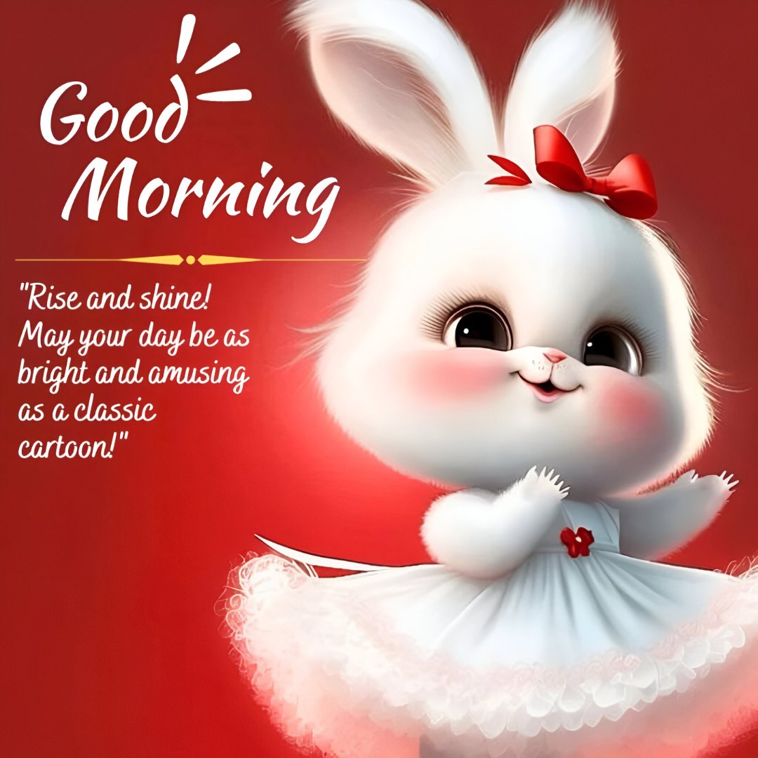 Good Morning Cartoon Image featuring a delightful white bunny in a tutu and red bow, cheerfully greeting the day. The background is a vibrant red, enhancing the bunny's joyful expression and playful pose.