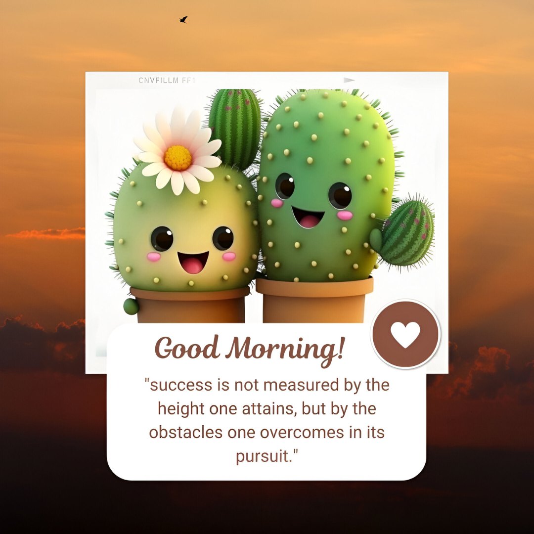 Good Morning Cartoon Image of two smiling cacti characters, one adorned with a daisy, set against a vibrant sunrise, sharing a motivational quote about success and overcoming obstacles.