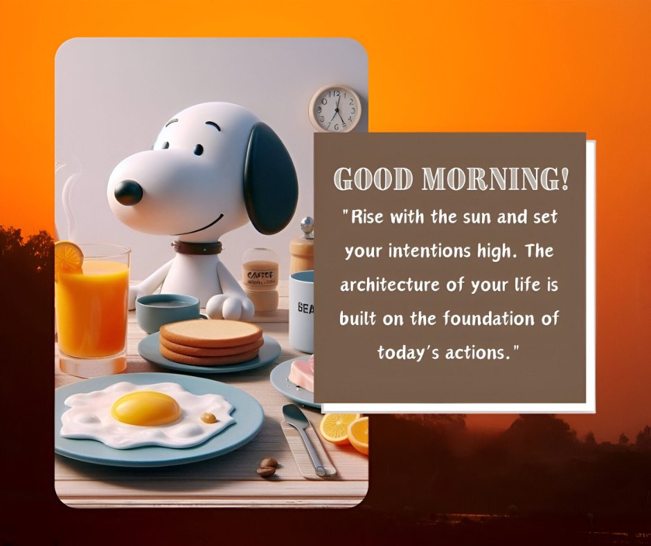 Good Morning Cartoon Image featuring a cheerful cartoon dog enjoying breakfast with orange juice, toast, and a sunny-side-up egg, with a serene morning backdrop, encouraging a positive start to the day.