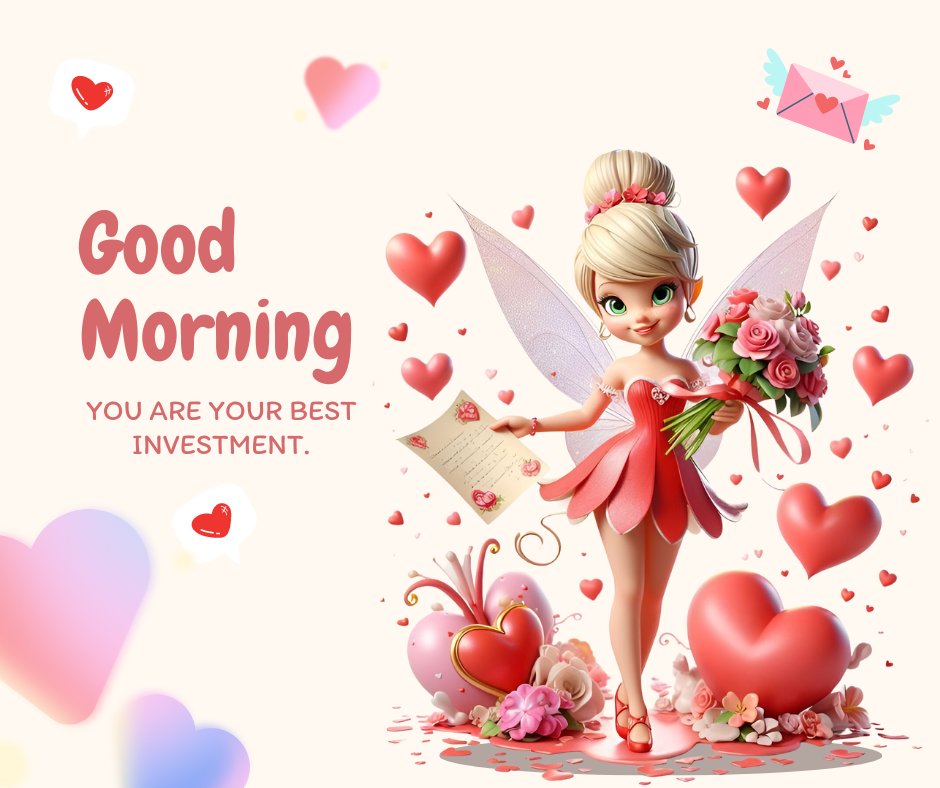 Good Morning Cartoon Image of a fairy in a pink dress holding a bouquet of flowers, surrounded by floating hearts and the empowering message 'You are your best investment.'