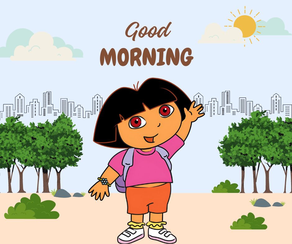 Good Morning Cartoon Image of a young girl character waving cheerfully in a park with city skyline and morning sun in the background