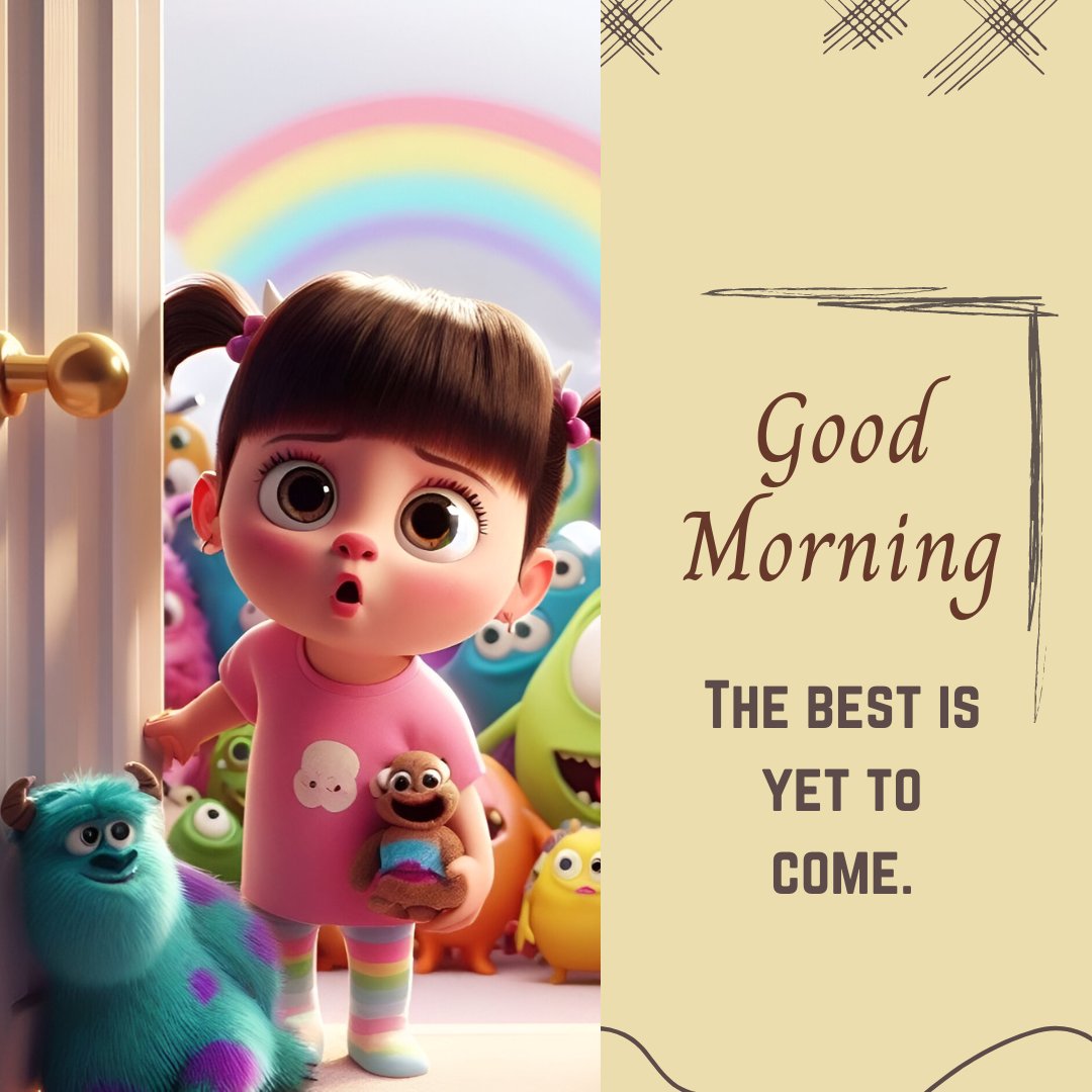 Good Morning Cartoon Image of a surprised young girl in a pink dress opening a door to a crowd of colorful cartoon creatures, with a rainbow in the background and the inspiring caption 'The best is yet to come.'