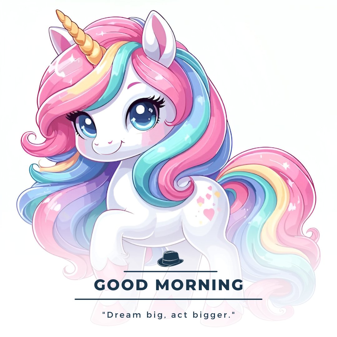 Good Morning Cartoon Image of a whimsical unicorn with a rainbow mane and tail, blue eyes, and a golden horn, sending cheerful greetings with the phrase 'Dream big, act bigger.'