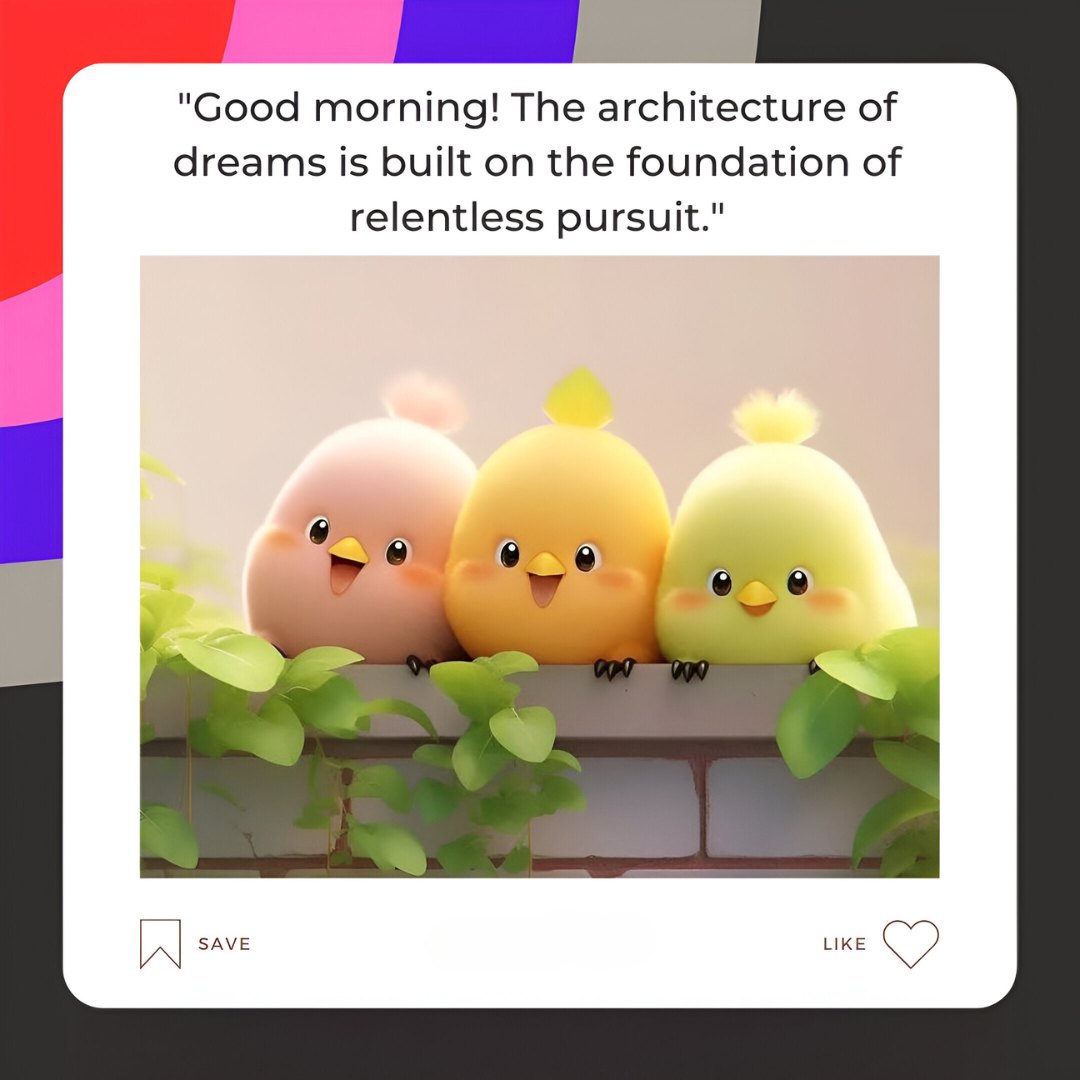 Good Morning Cartoon Image of three cute chicks in pastel colors perched on a ledge with ivy leaves, with an inspirational caption about the architecture of dreams being built on relentless pursuit.