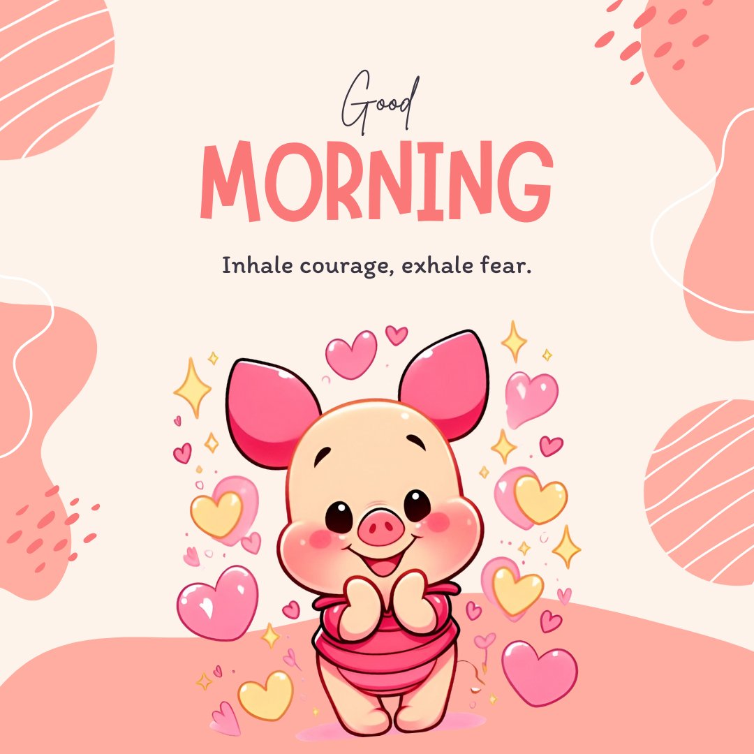 Good Morning Cartoon Image of a cheerful pink piglet holding a heart, surrounded by smaller hearts and stars, with the inspirational quote 'Inhale courage, exhale fear.'