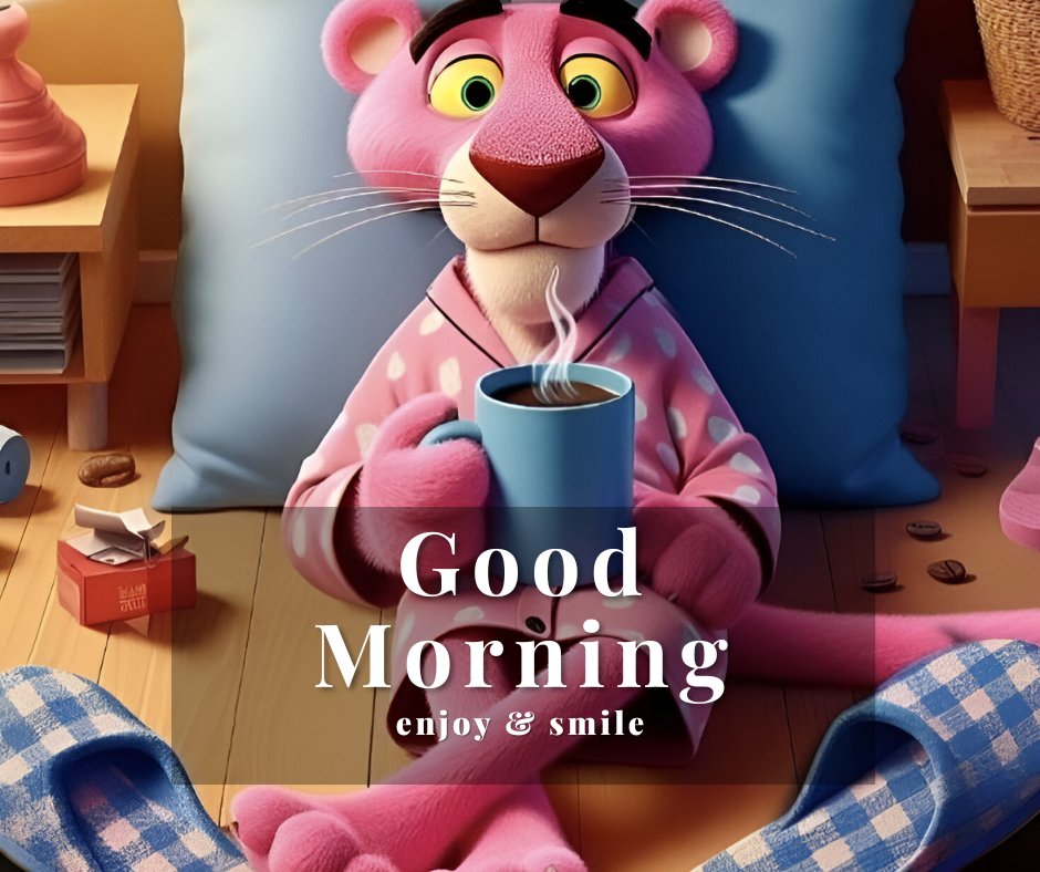 Good Morning Cartoon Image of the Pink Panther in a cozy room, sipping coffee from a blue mug, surrounded by scattered coffee beans and a soothing home setting with the caption 'enjoy & smile.'