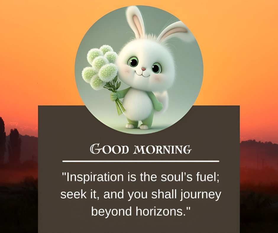 Good Morning Cartoon Image of a cute white rabbit holding a bouquet of fluffy white flowers, against a serene sunrise background, with the quote 'Inspiration is the soul’s fuel; seek it, and you shall journey beyond horizons.'