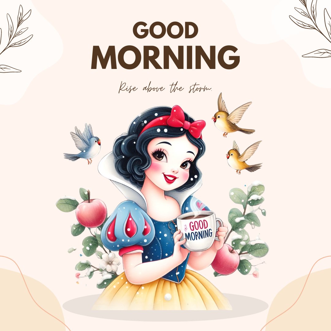 Good Morning Cartoon Image of Snow White holding a 'Good Morning' mug, surrounded by cheerful birds and apples, with the inspirational phrase 'Rise above the storm.'