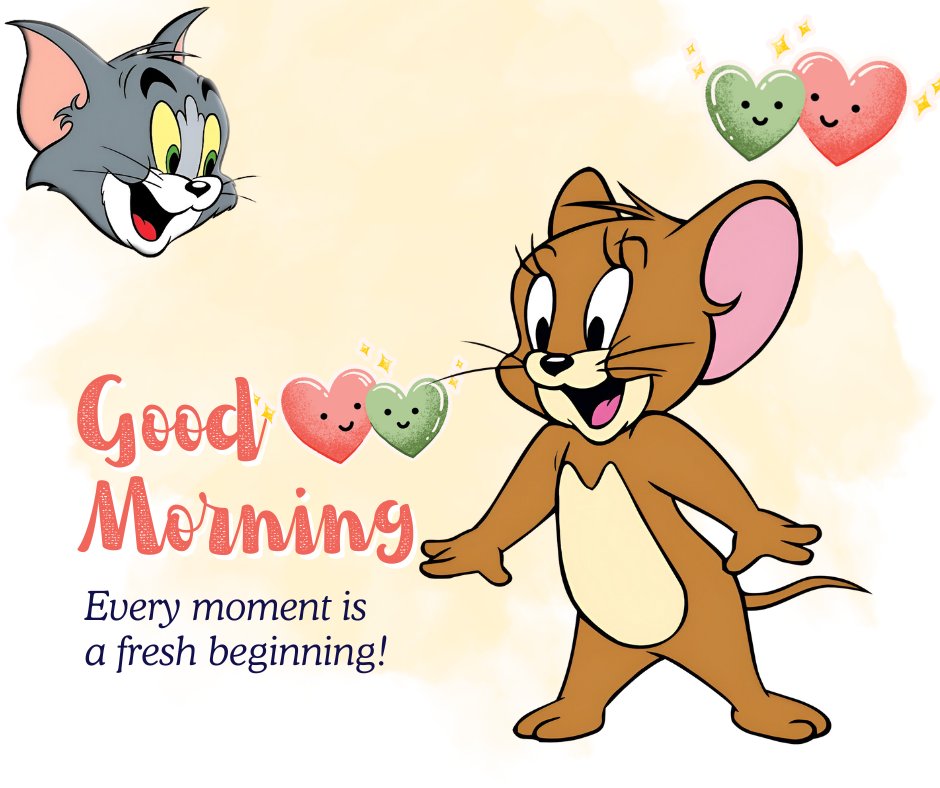 Good Morning Cartoon Image of Tom and Jerry, with Jerry smiling and Tom in mid-leap, surrounded by hearts and the caption 'Every moment is a fresh beginning!' on a soft background.