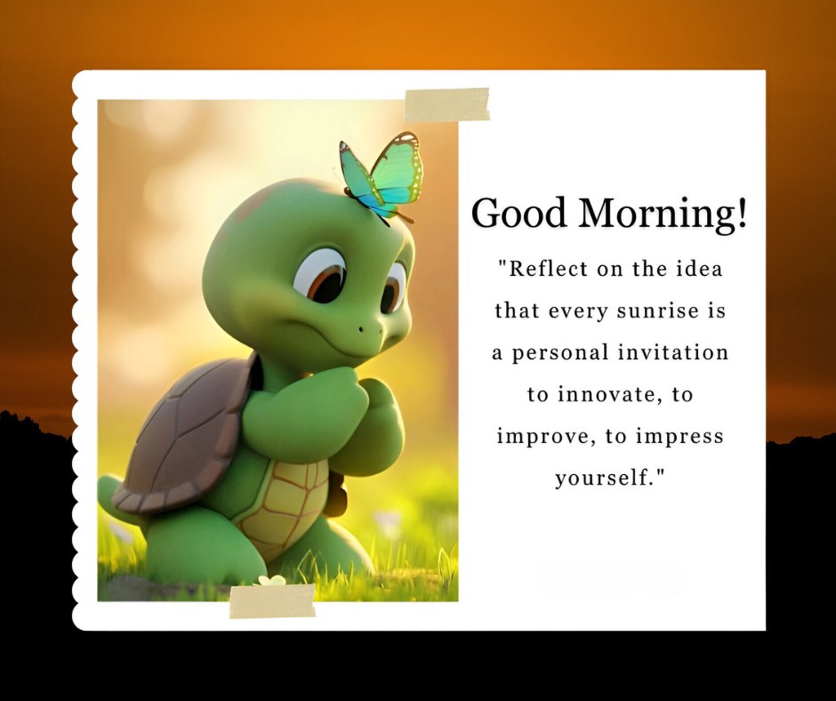 Good Morning Cartoon Image of a young turtle with a contemplative expression, gazing at a butterfly perched on its nose against a backdrop of a vibrant sunrise. The scene encourages reflection and personal growth.